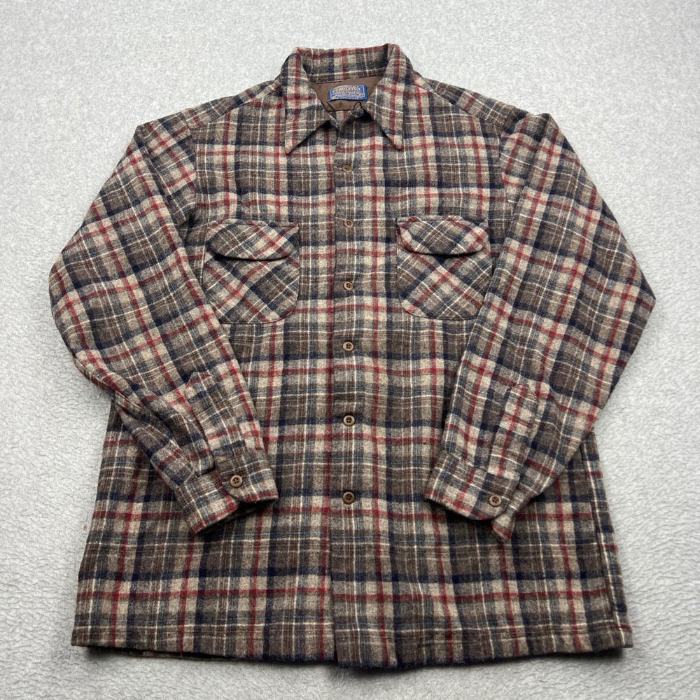 VTG Pendleton Board Shirt Mens XL Brown Plaid 100% Virgin Wool Loop Collar USA